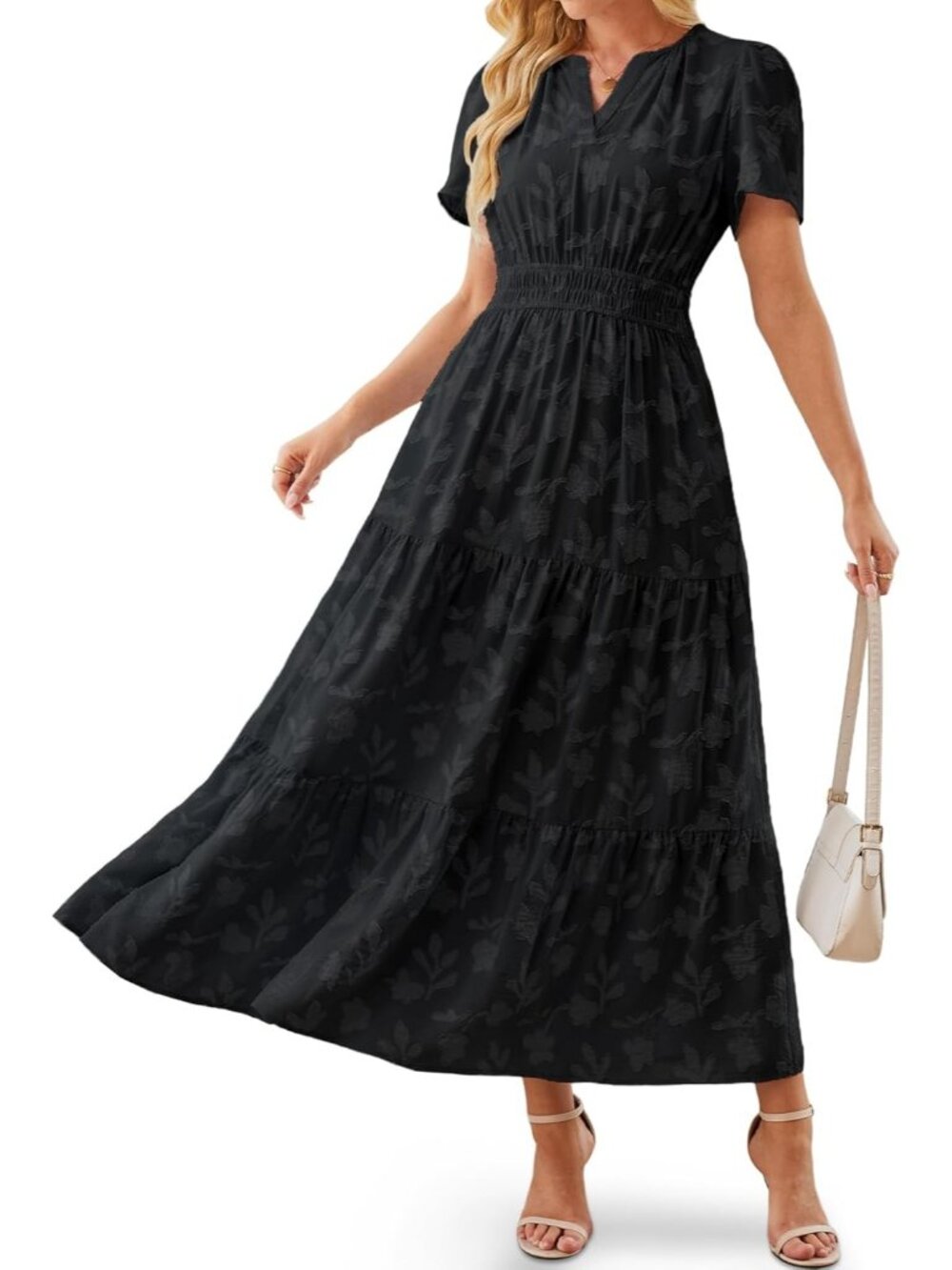 Women's Black Short Puff Sleeve V Neck Smocked Empire Waist Imported Maxi Dress